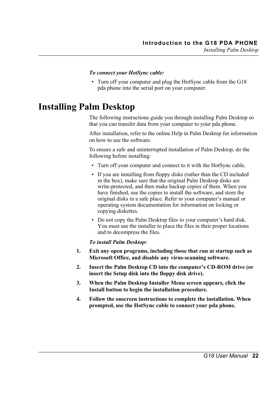 Installing palm desktop | Palm XPLORE G18 User Manual | Page 33 / 276