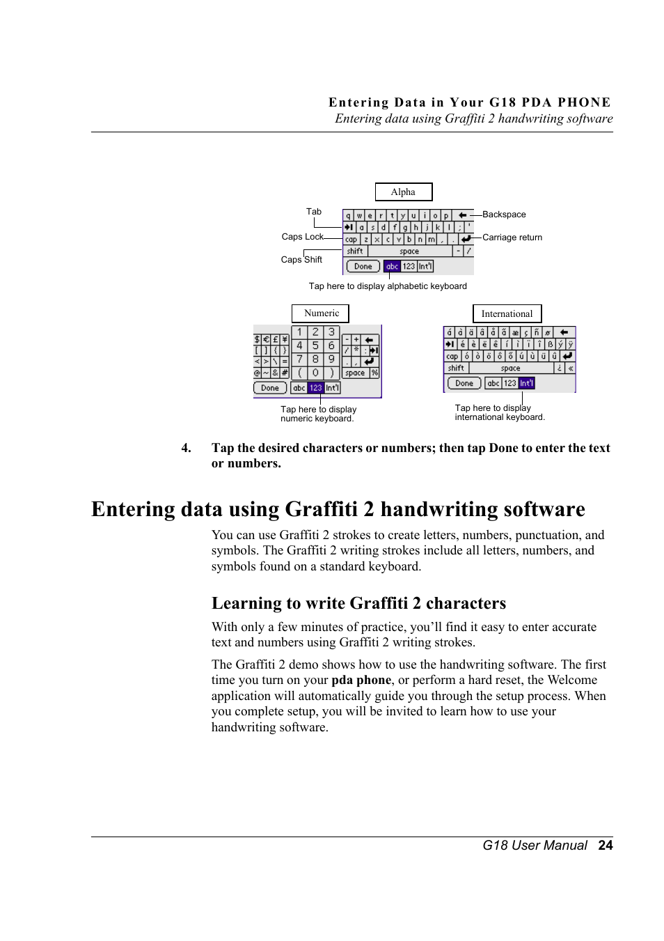 Learning to write graffiti 2 characters | Palm XPLORE G18 User Manual | Page 35 / 276