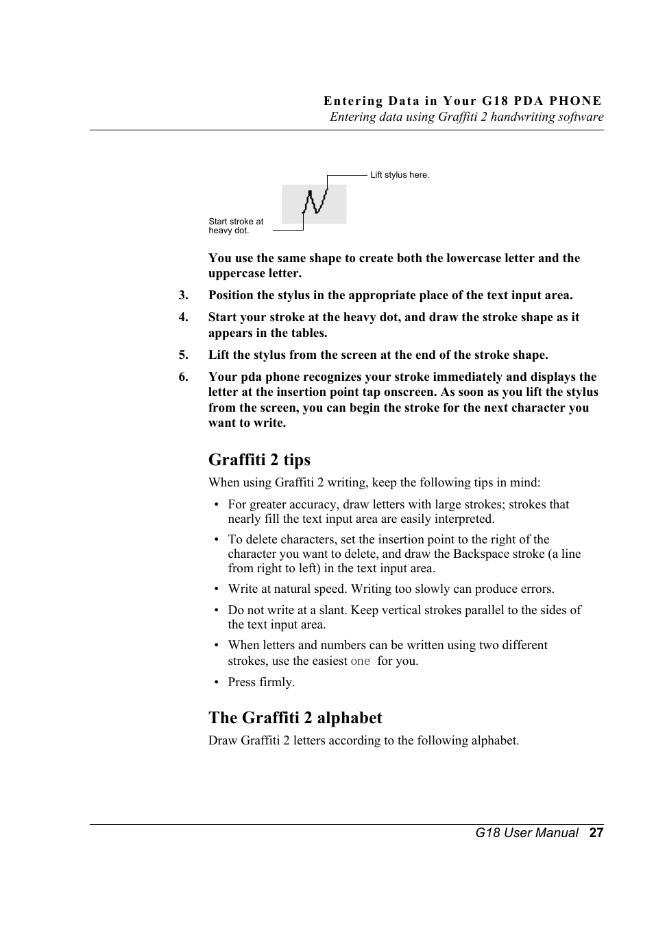Graffiti 2 tips, The graffiti 2 alphabet, Graffiti 2 tips the graffiti 2 alphabet | Palm XPLORE G18 User Manual | Page 38 / 276