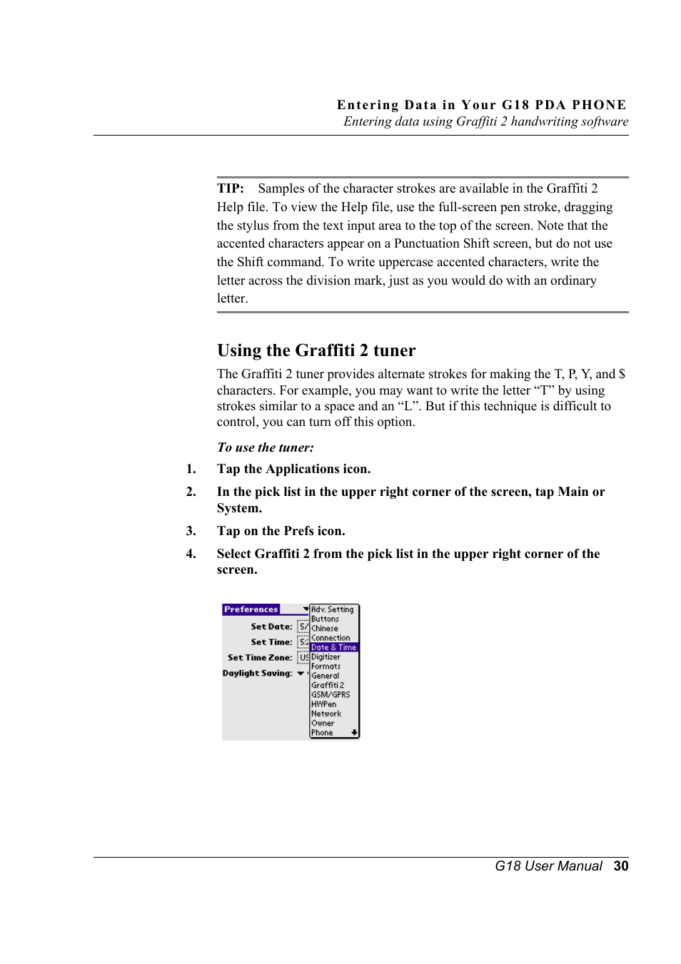 Using the graffiti 2 tuner | Palm XPLORE G18 User Manual | Page 41 / 276