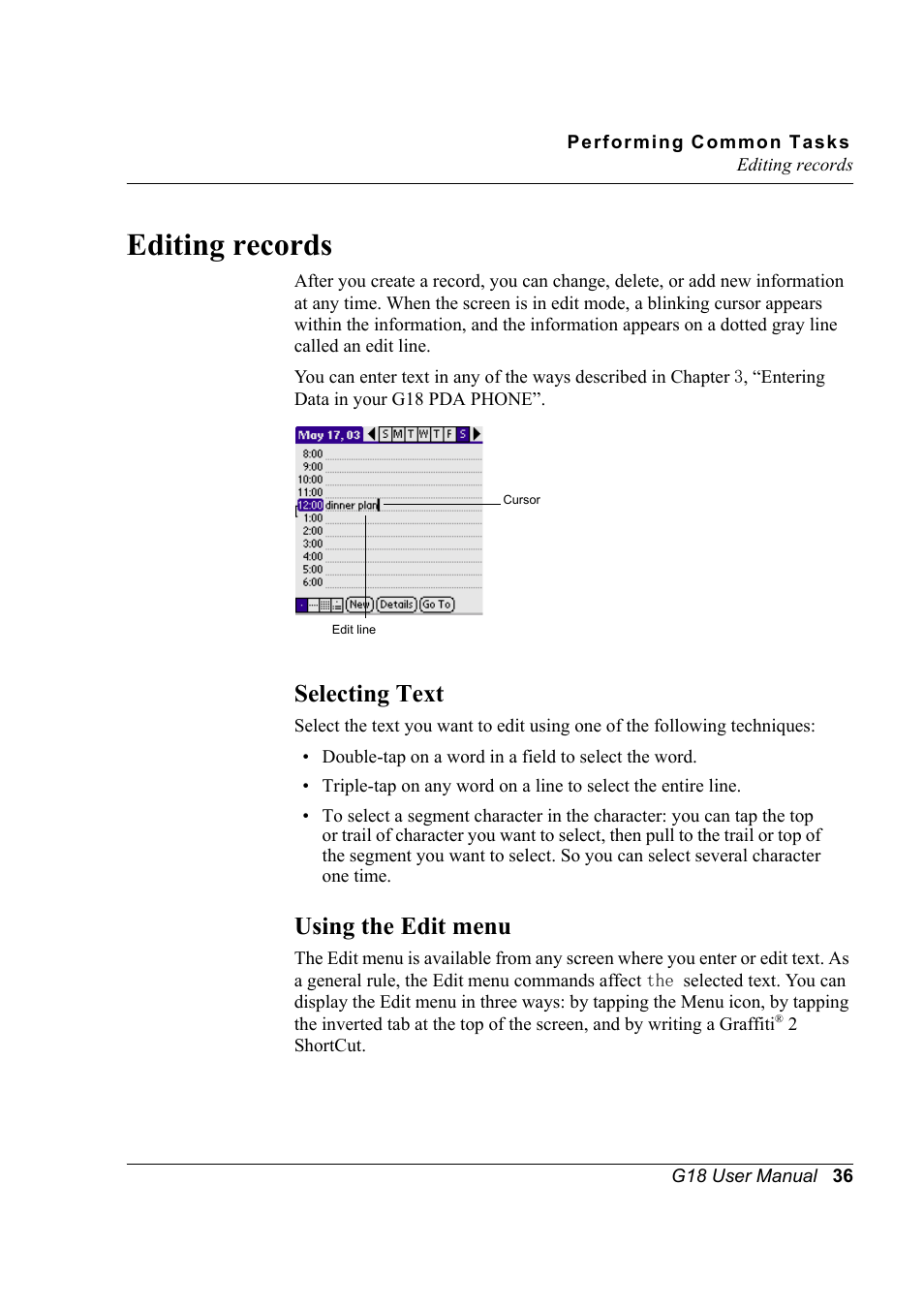 Editing records, Selecting text, Using the edit menu | Selecting text using the edit menu | Palm XPLORE G18 User Manual | Page 47 / 276