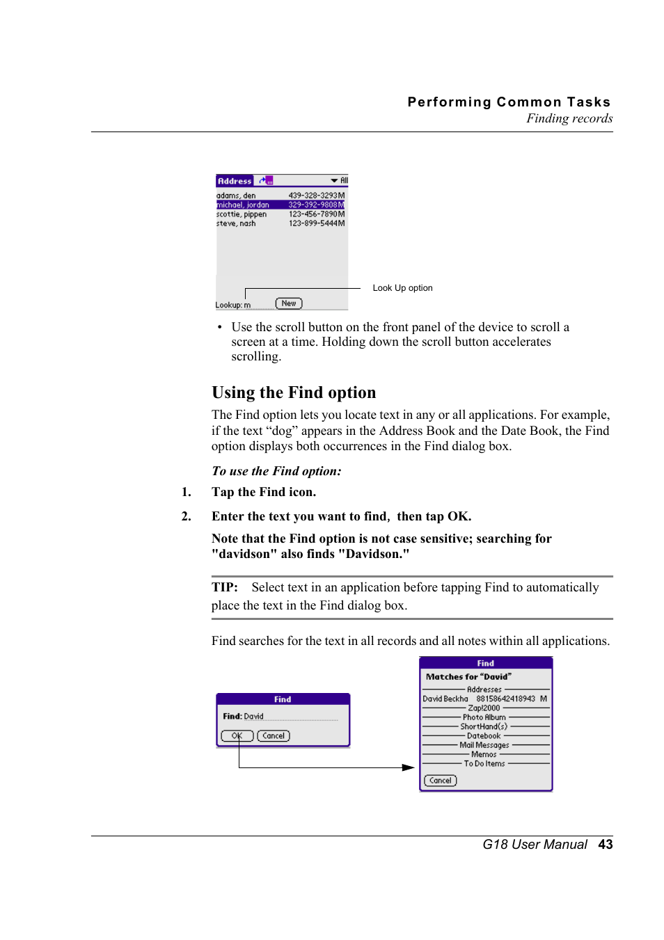 Using the find option | Palm XPLORE G18 User Manual | Page 54 / 276