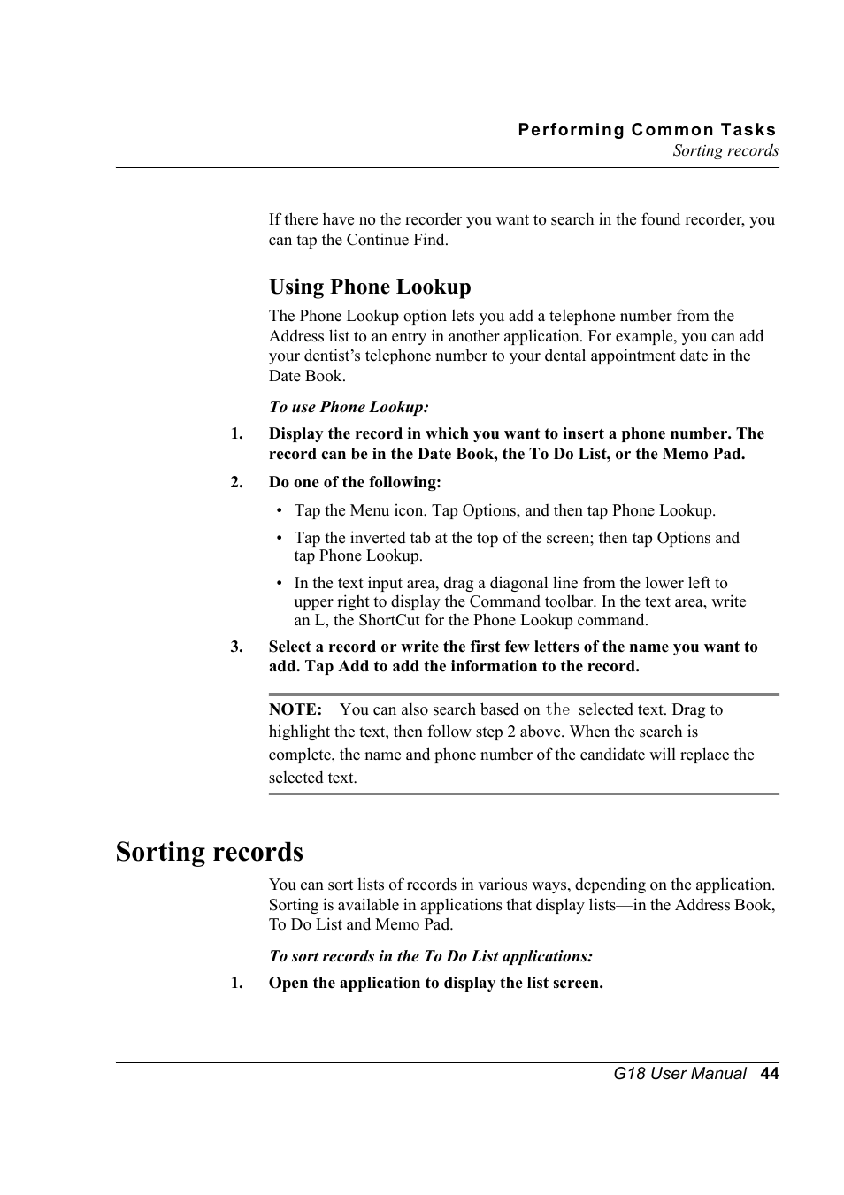Using phone lookup, Sorting records | Palm XPLORE G18 User Manual | Page 55 / 276