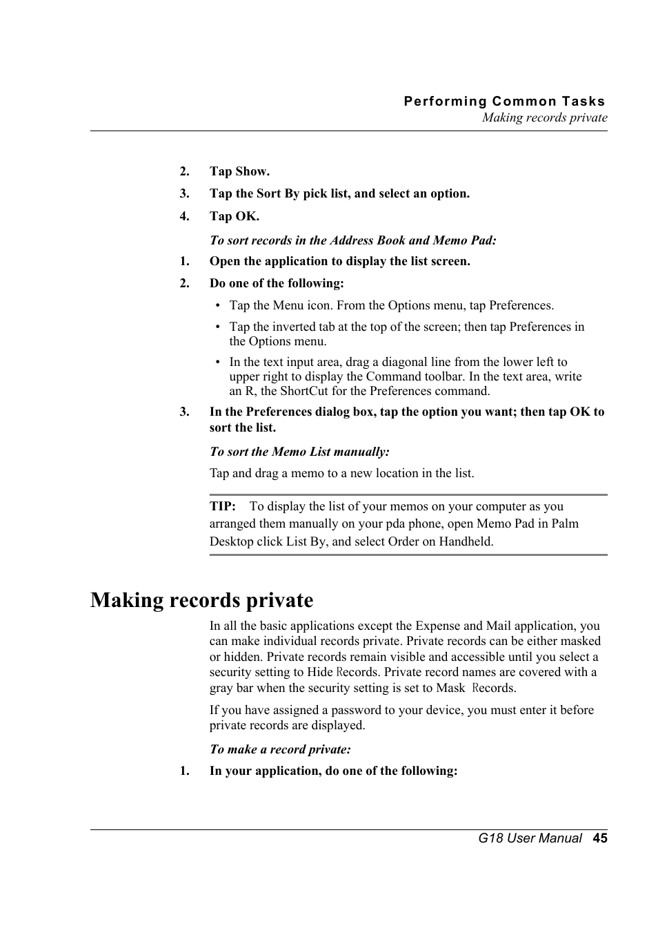 Making records private | Palm XPLORE G18 User Manual | Page 56 / 276