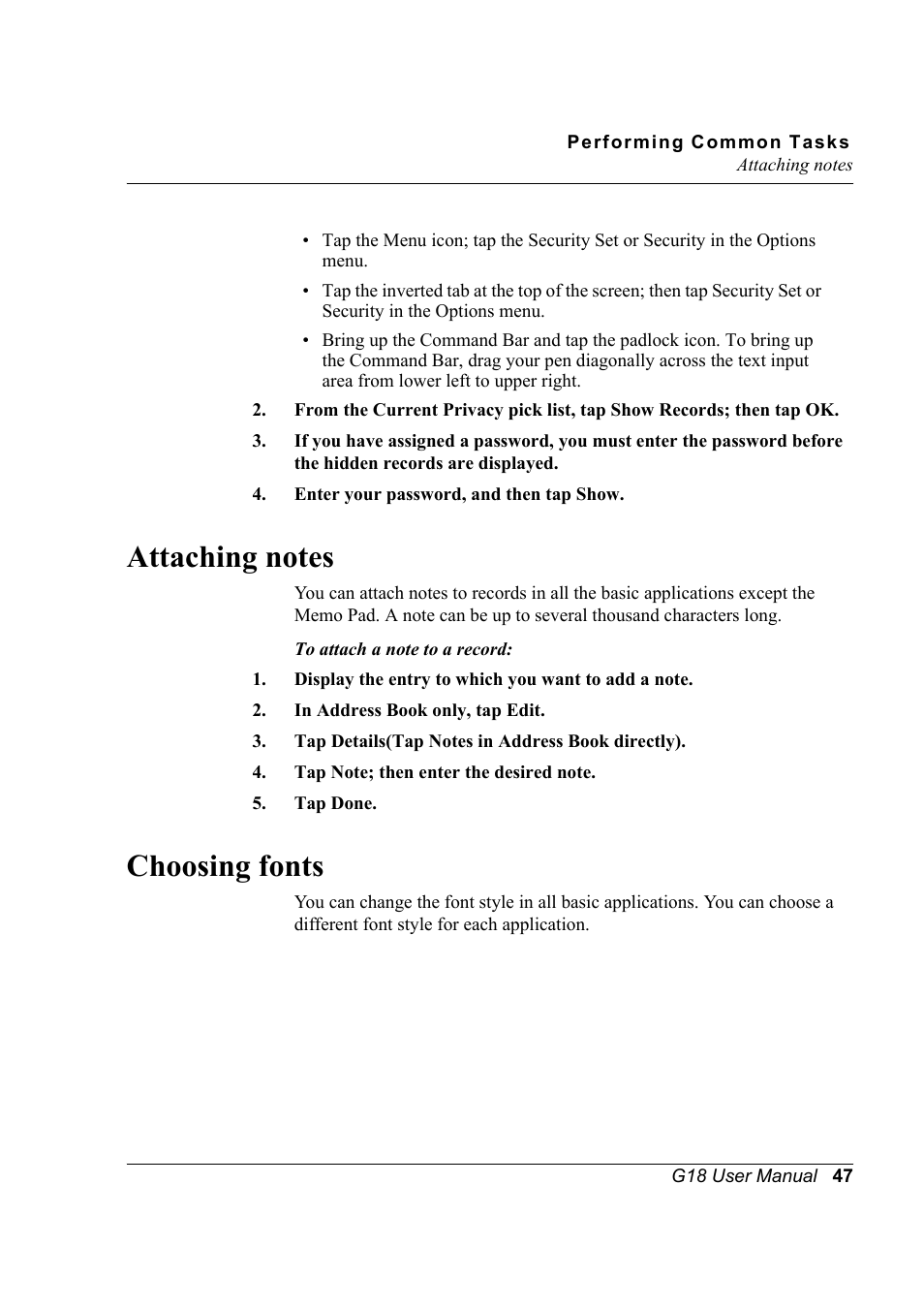 Attaching notes, Choosing fonts, Attaching notes choosing fonts | Palm XPLORE G18 User Manual | Page 58 / 276