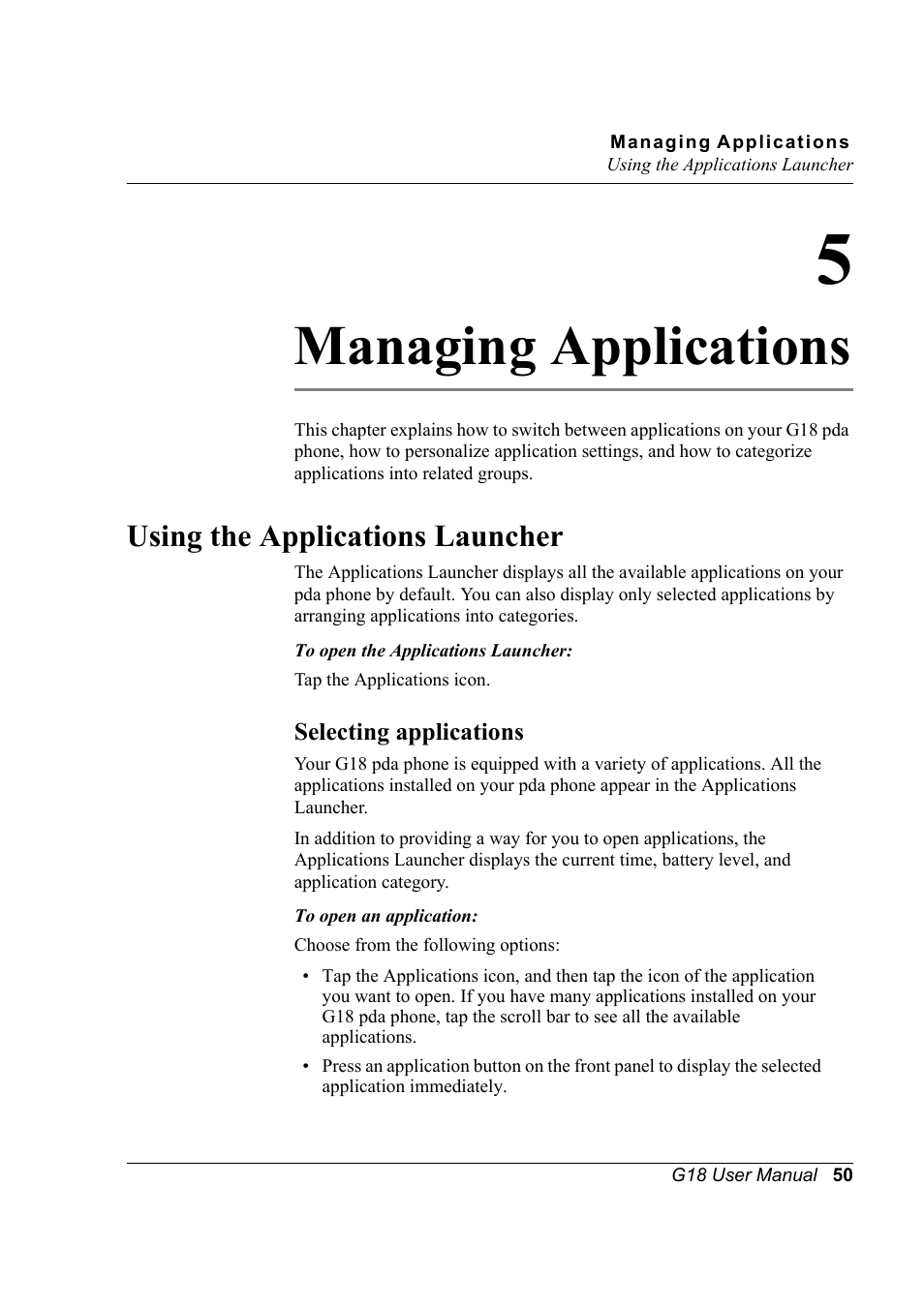 Managing applications, Using the applications launcher, Selecting applications | 5 managing applications | Palm XPLORE G18 User Manual | Page 61 / 276