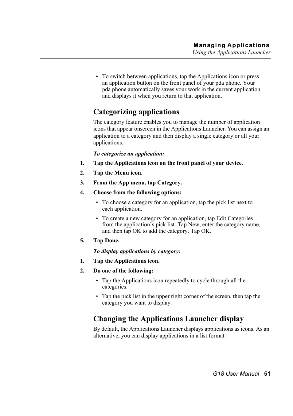 Categorizing applications, Changing the applications launcher display | Palm XPLORE G18 User Manual | Page 62 / 276