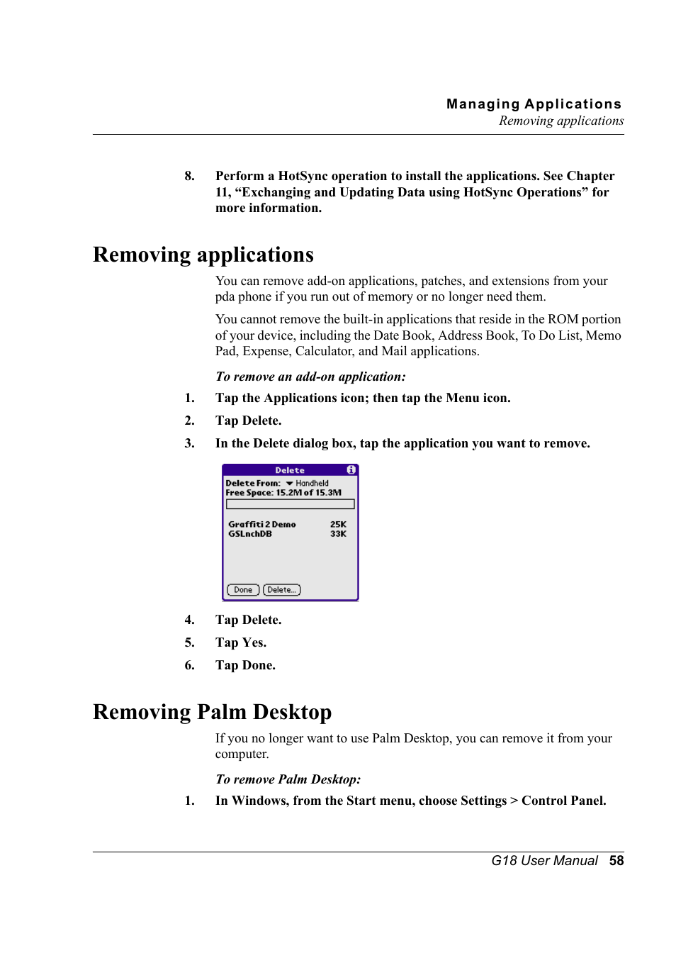 Removing applications, Removing palm desktop, Removing applications removing palm desktop | Palm XPLORE G18 User Manual | Page 69 / 276