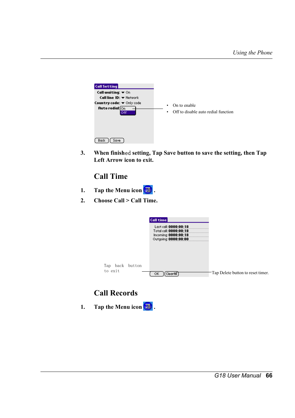 Call time, Call records, Call time call records | Palm XPLORE G18 User Manual | Page 77 / 276