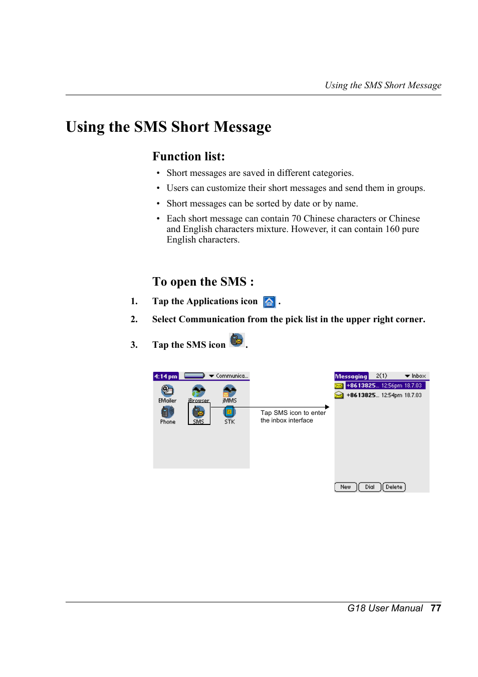 Using the sms short message, Function list, To open the sms | Function list: to open the sms | Palm XPLORE G18 User Manual | Page 88 / 276