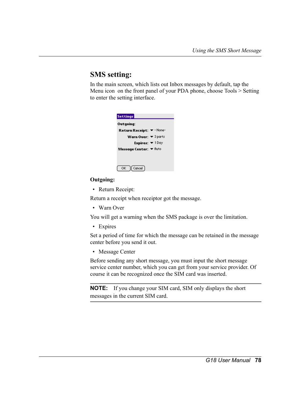 Sms setting | Palm XPLORE G18 User Manual | Page 89 / 276