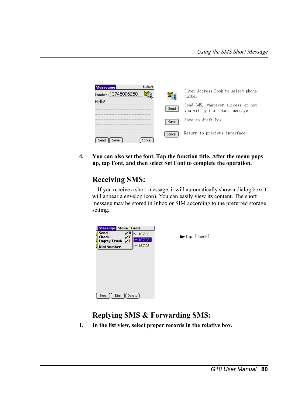 Receiving sms, Replying sms & forwarding sms, Receiving sms: replying sms & forwarding sms | Palm XPLORE G18 User Manual | Page 91 / 276