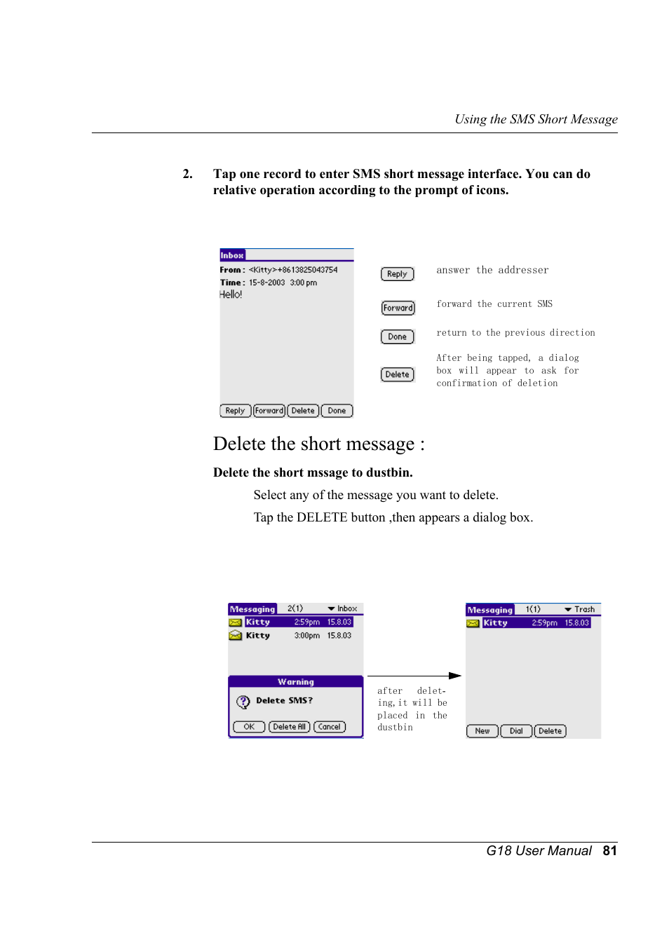 Delete the short message | Palm XPLORE G18 User Manual | Page 92 / 276