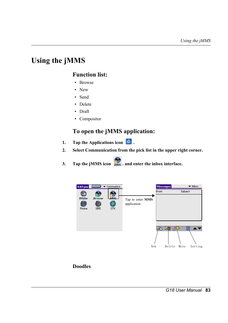 Using the jmms, Function list, To open the jmms application | Function list: to open the jmms application | Palm XPLORE G18 User Manual | Page 94 / 276