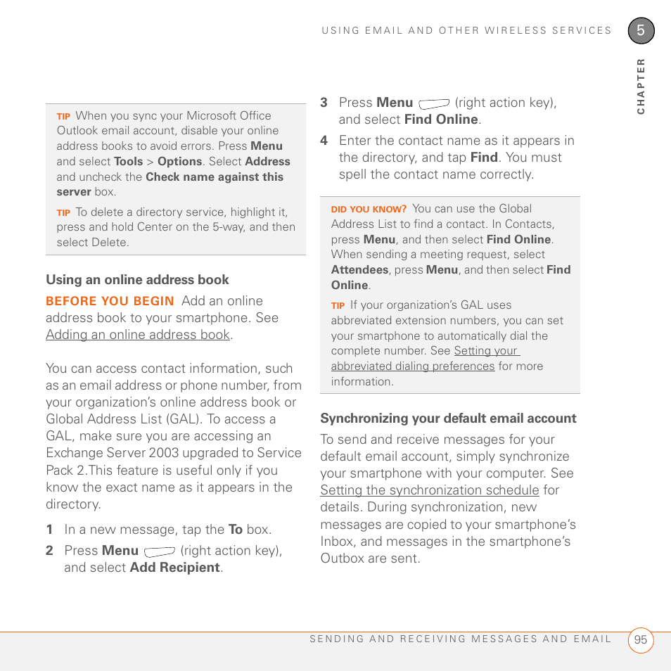 Using an online address book, Synchronizing your default email account | Palm 700wx User Manual | Page 103 / 288