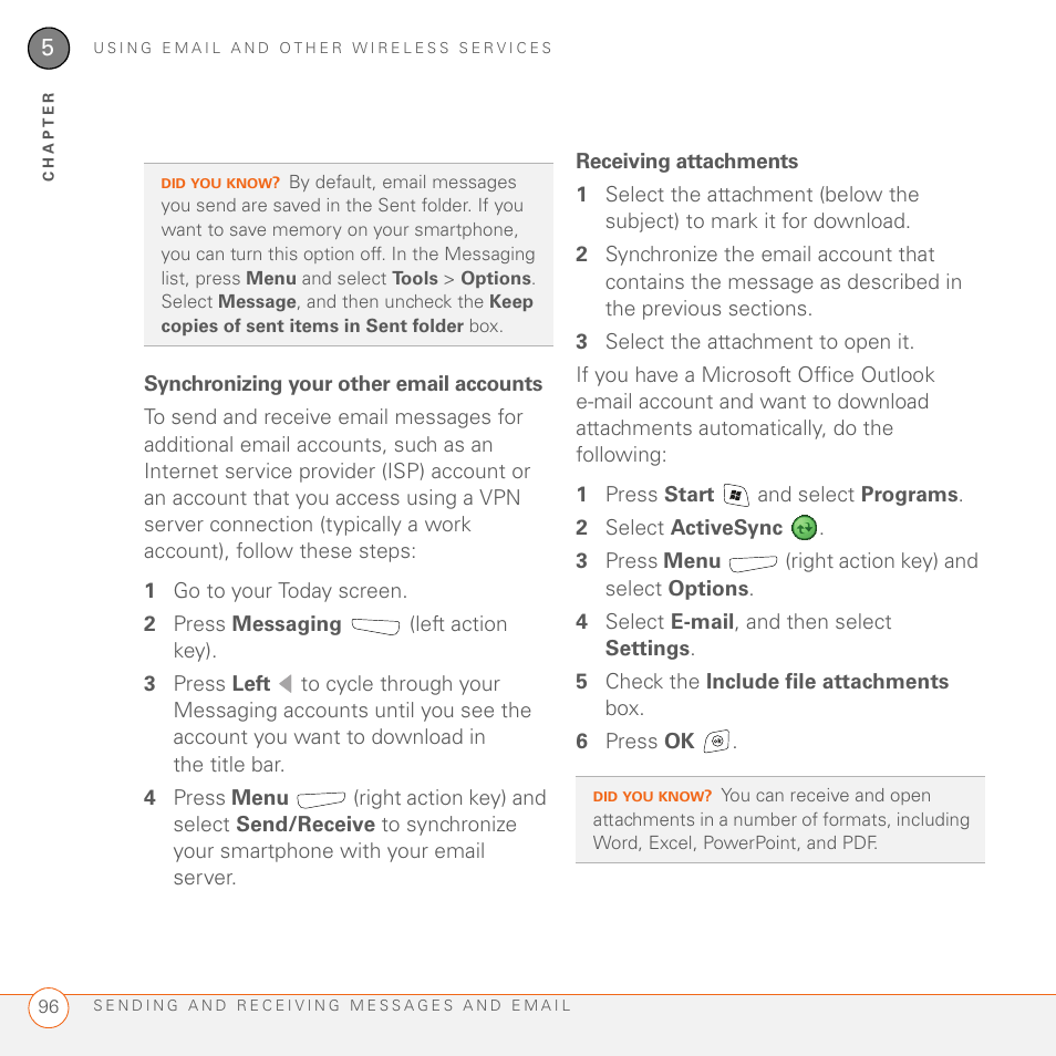 Synchronizing your other email accounts, Receiving attachments | Palm 700wx User Manual | Page 104 / 288