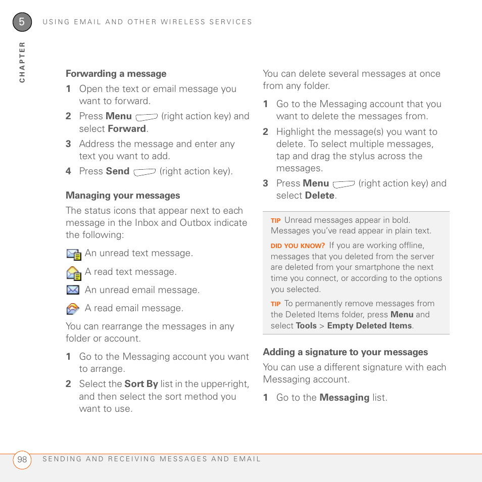 Forwarding a message, Managing your messages, Adding a signature to your messages | Palm 700wx User Manual | Page 106 / 288
