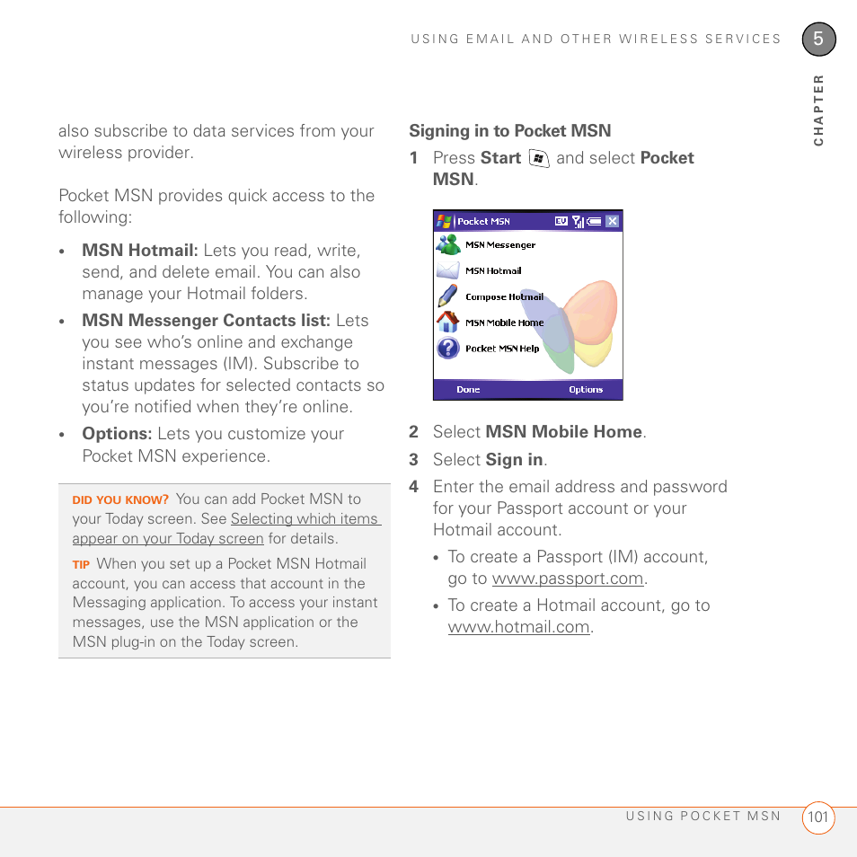 Signing in to pocket msn | Palm 700wx User Manual | Page 109 / 288
