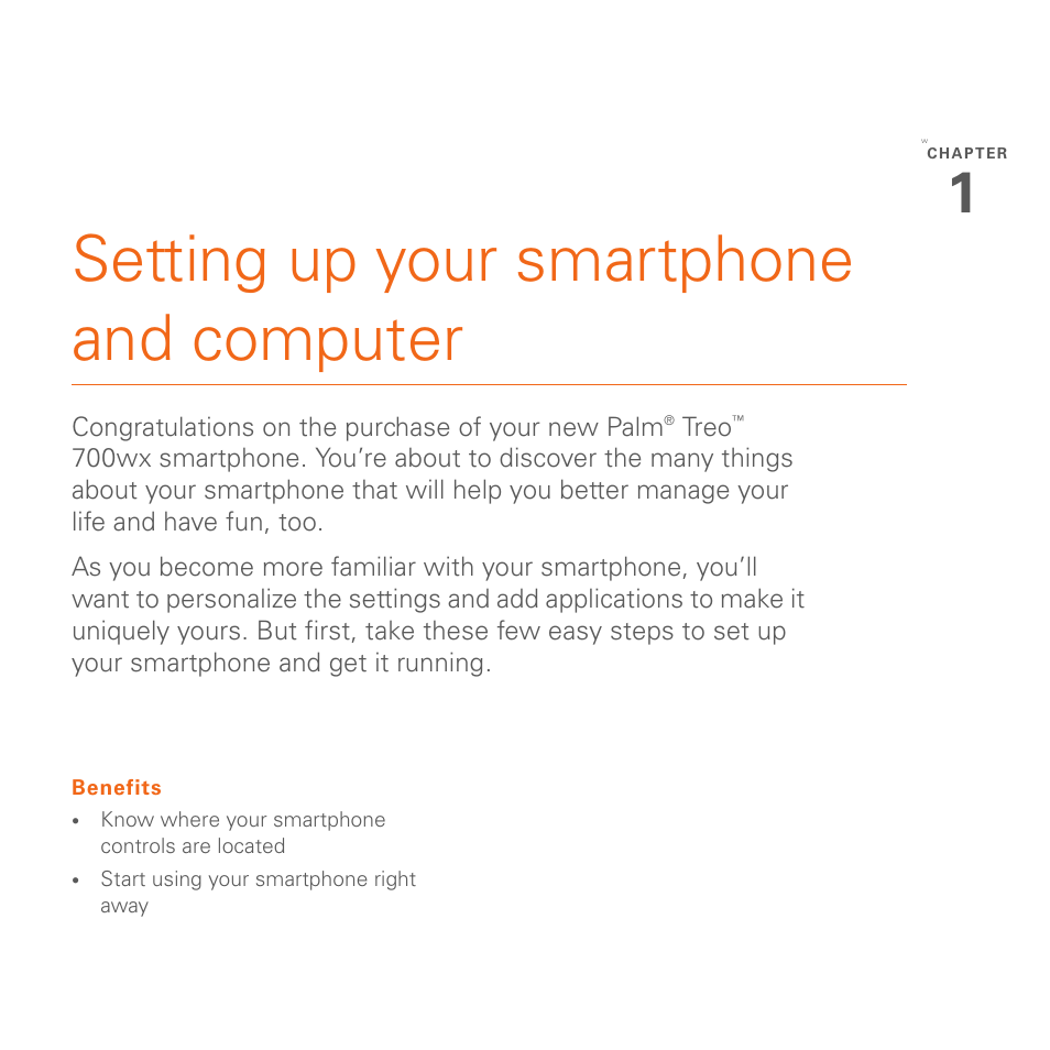 Setting up your smartphone and computer, Chapter 1: setting up your smartphone and computer | Palm 700wx User Manual | Page 11 / 288