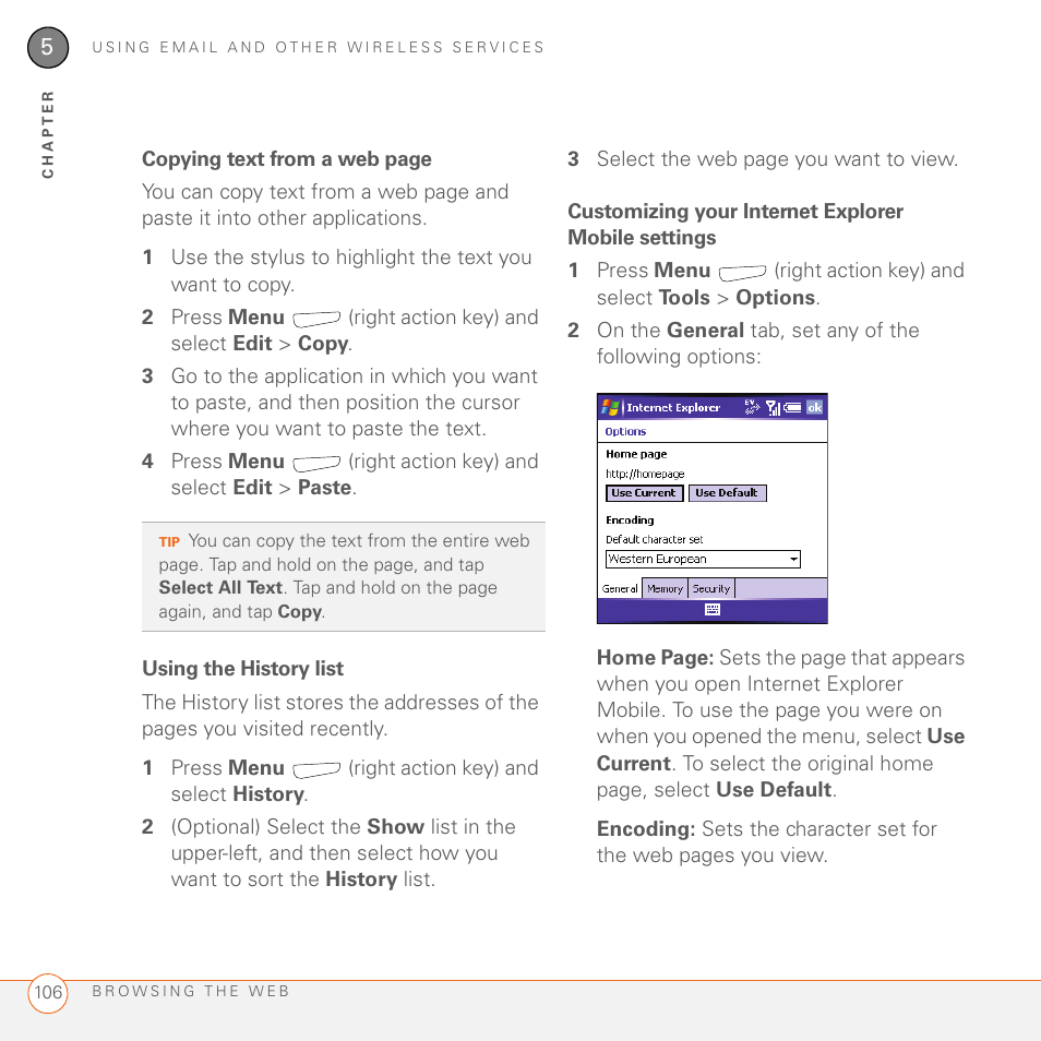 Using the history list, Customizing your internet explorer mobile settings | Palm 700wx User Manual | Page 114 / 288
