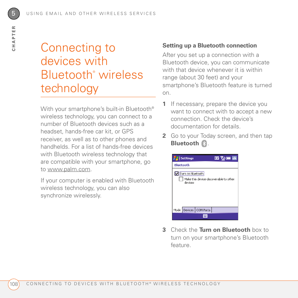 Setting up a bluetooth connection, Connecting to devices with bluetooth, Wireless technology | Palm 700wx User Manual | Page 116 / 288