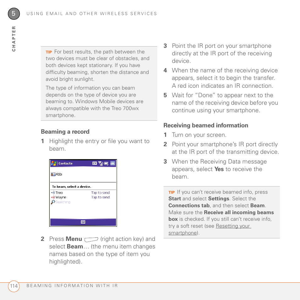 Beaming a record, Receiving beamed information | Palm 700wx User Manual | Page 122 / 288