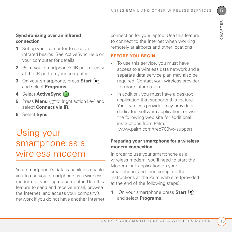 Synchronizing over an infrared connection, Using your smartphone as a wireless modem | Palm 700wx User Manual | Page 123 / 288