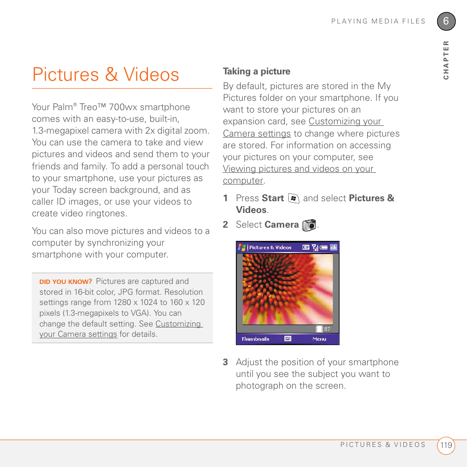 Pictures & videos, Taking a picture | Palm 700wx User Manual | Page 127 / 288