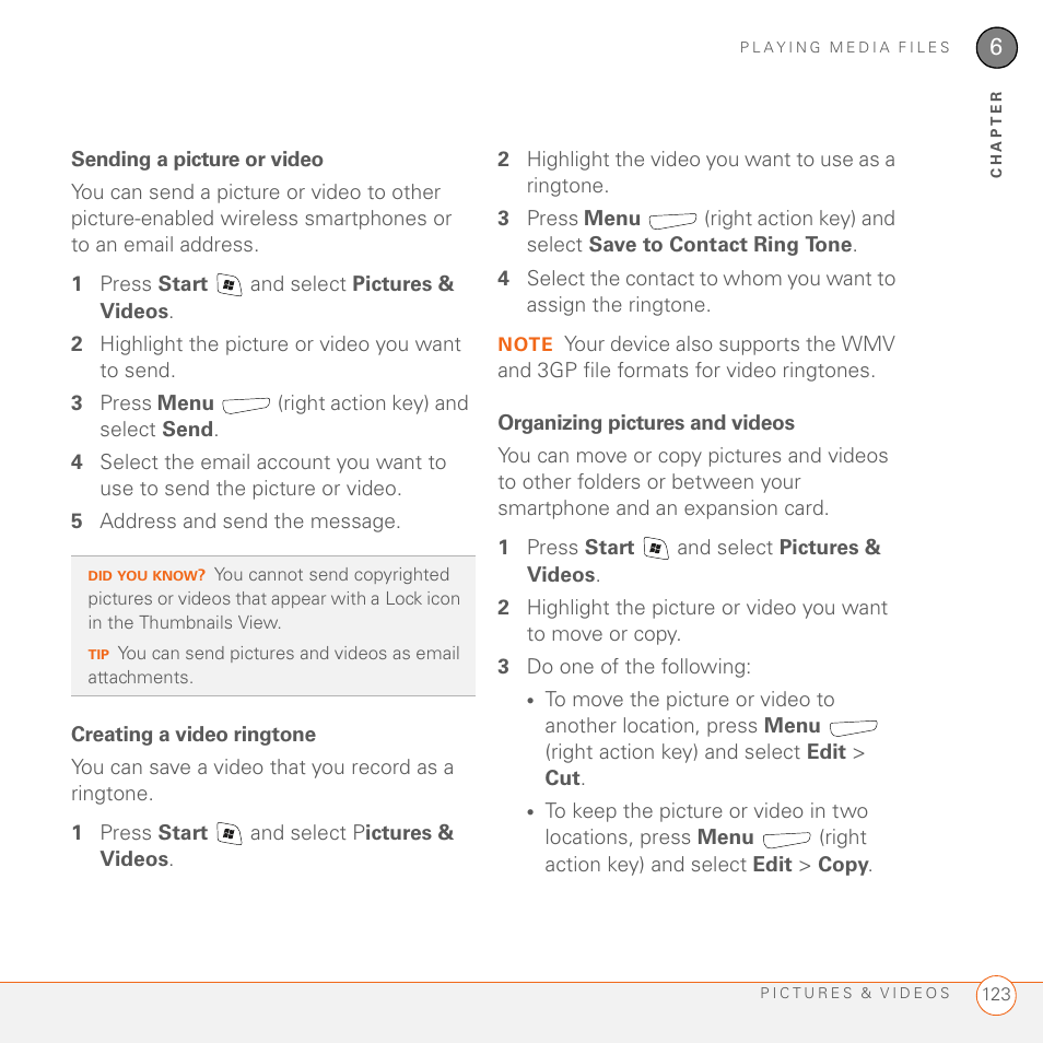 Sending a picture or video, Creating a video ringtone, Organizing pictures and videos | Palm 700wx User Manual | Page 131 / 288