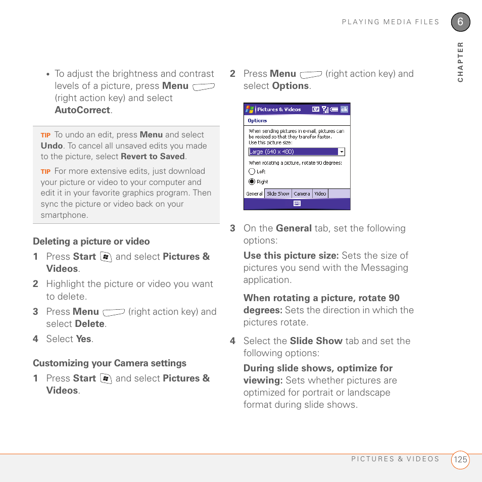 Deleting a picture or video, Customizing your camera settings | Palm 700wx User Manual | Page 133 / 288