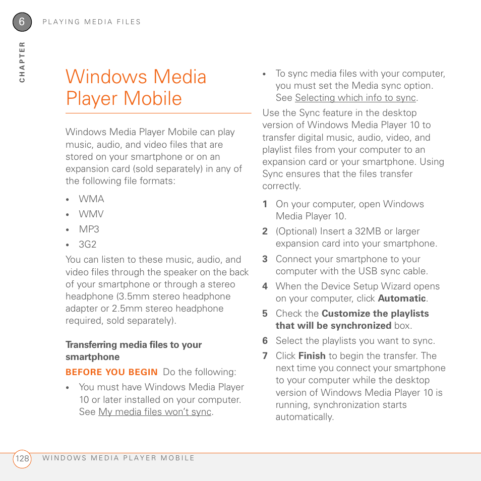 Windows media player mobile, Transferring media files to your smartphone | Palm 700wx User Manual | Page 136 / 288