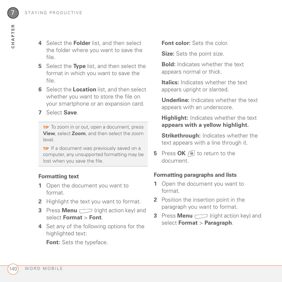 Formatting text, Formatting paragraphs and lists | Palm 700wx User Manual | Page 148 / 288