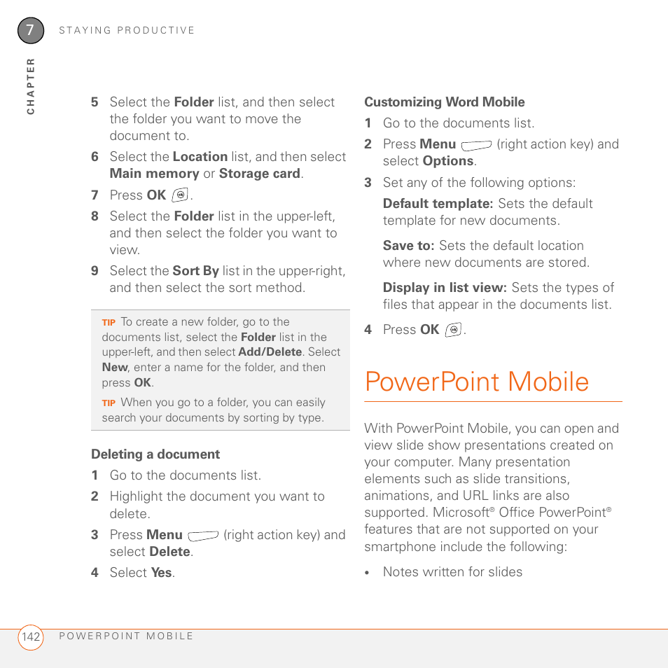 Deleting a document, Customizing word mobile, Powerpoint mobile | Palm 700wx User Manual | Page 150 / 288