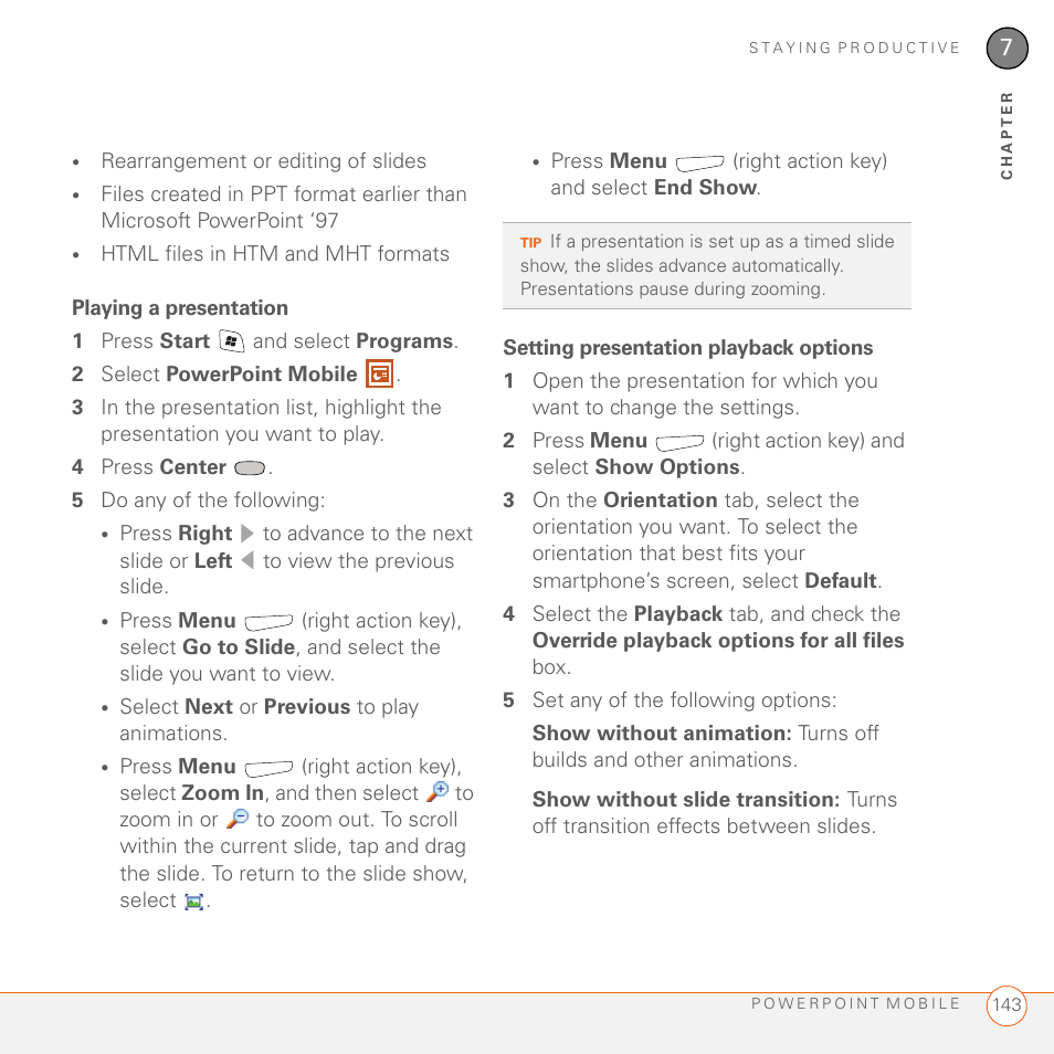 Playing a presentation, Setting presentation playback options | Palm 700wx User Manual | Page 151 / 288