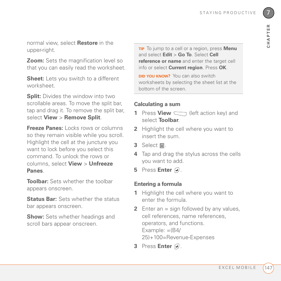 Calculating a sum, Entering a formula | Palm 700wx User Manual | Page 155 / 288