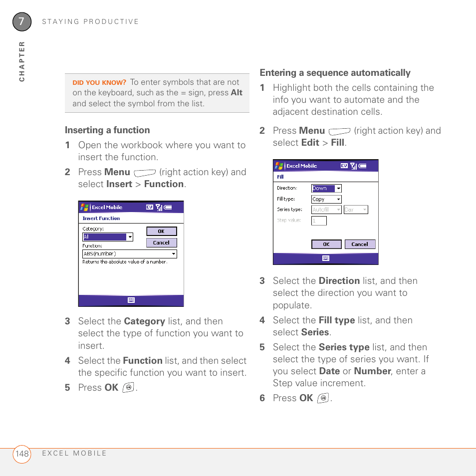 Inserting a function, Entering a sequence automatically | Palm 700wx User Manual | Page 156 / 288