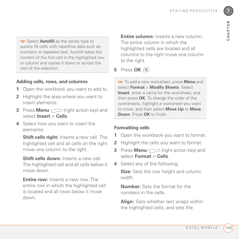 Adding cells, rows, and columns, Formatting cells | Palm 700wx User Manual | Page 157 / 288