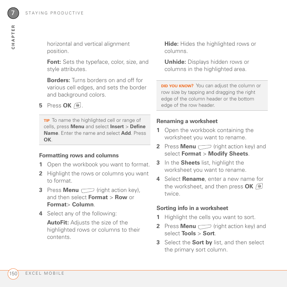 Formatting rows and columns, Renaming a worksheet, Sorting info in a worksheet | Palm 700wx User Manual | Page 158 / 288