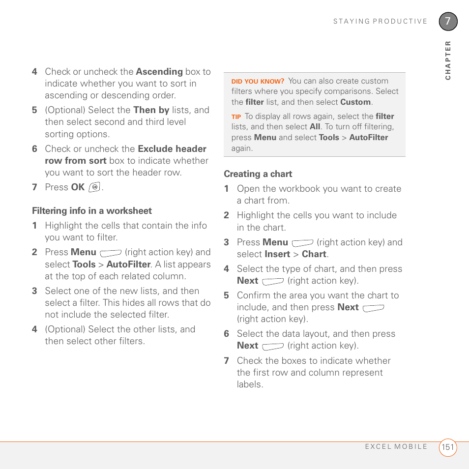 Filtering info in a worksheet, Creating a chart | Palm 700wx User Manual | Page 159 / 288