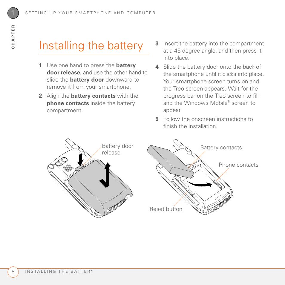 Installing the battery | Palm 700wx User Manual | Page 16 / 288