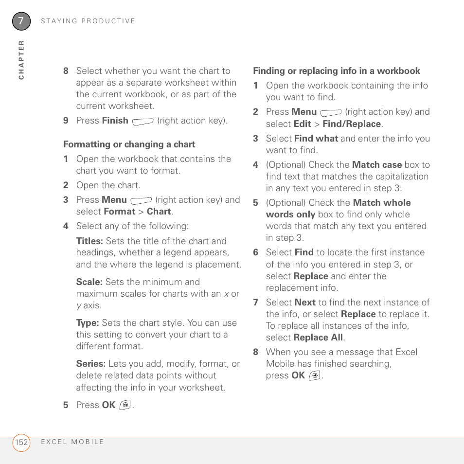 Formatting or changing a chart, Finding or replacing info in a workbook | Palm 700wx User Manual | Page 160 / 288