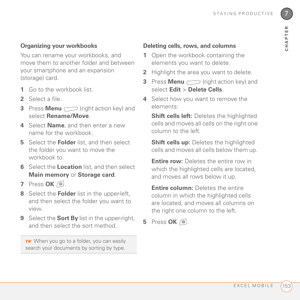 Organizing your workbooks, Deleting cells, rows, and columns | Palm 700wx User Manual | Page 161 / 288