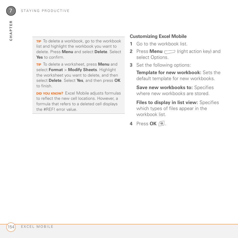 Customizing excel mobile | Palm 700wx User Manual | Page 162 / 288
