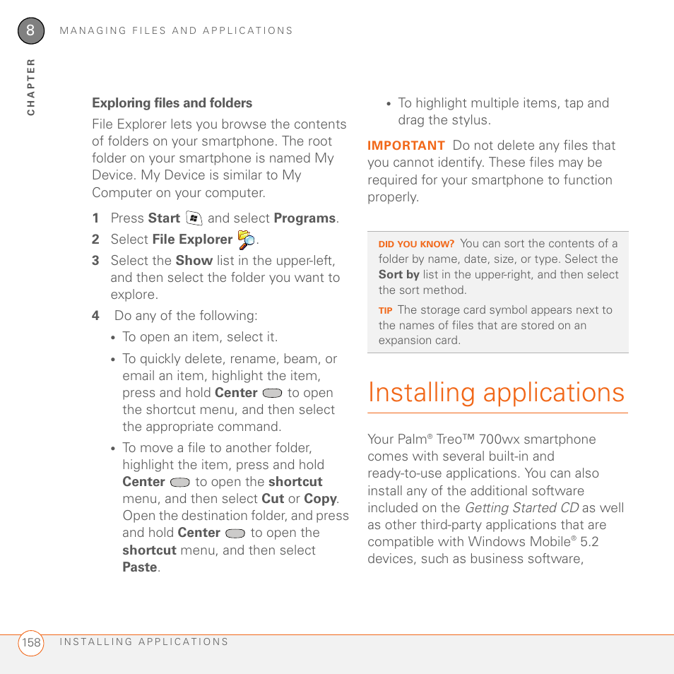 Exploring files and folders, Installing applications | Palm 700wx User Manual | Page 166 / 288