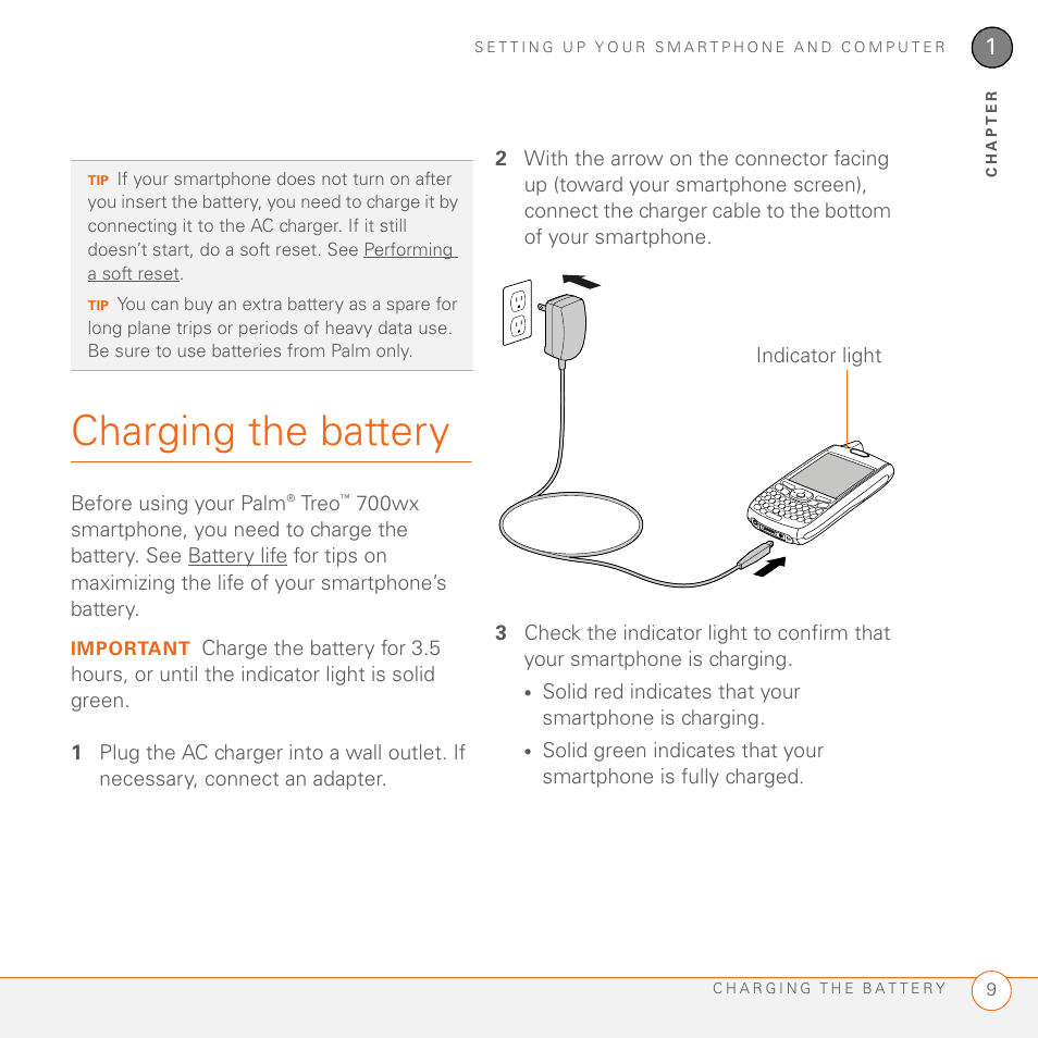 Charging the battery | Palm 700wx User Manual | Page 17 / 288