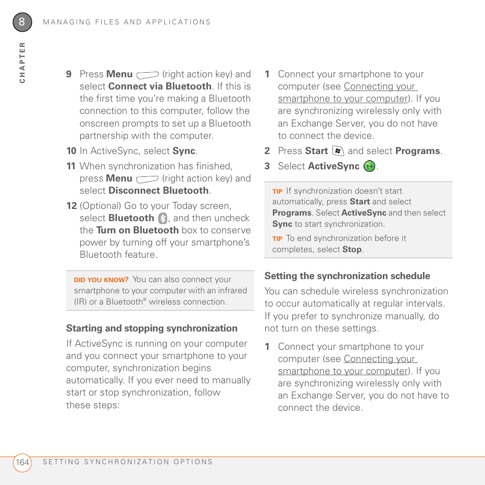 Starting and stopping synchronization, Setting the synchronization schedule | Palm 700wx User Manual | Page 172 / 288