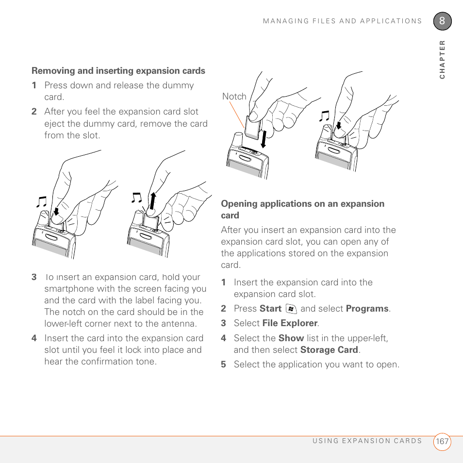 Removing and inserting expansion cards, Opening applications on an expansion card | Palm 700wx User Manual | Page 175 / 288