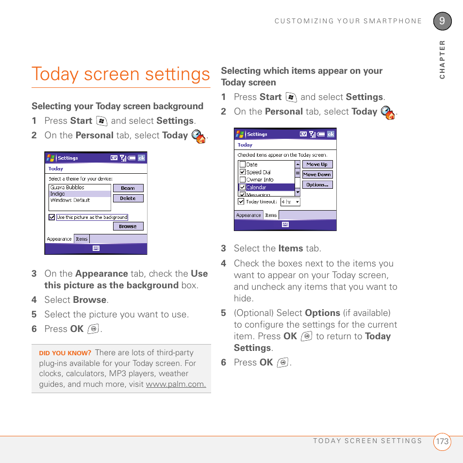 Today screen settings, Selecting your today screen background, Selecting which items appear on your today screen | Palm 700wx User Manual | Page 181 / 288