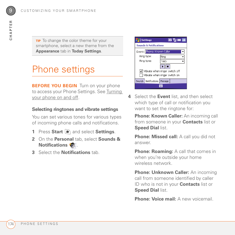 Phone settings, Selecting ringtones and vibrate settings | Palm 700wx User Manual | Page 182 / 288