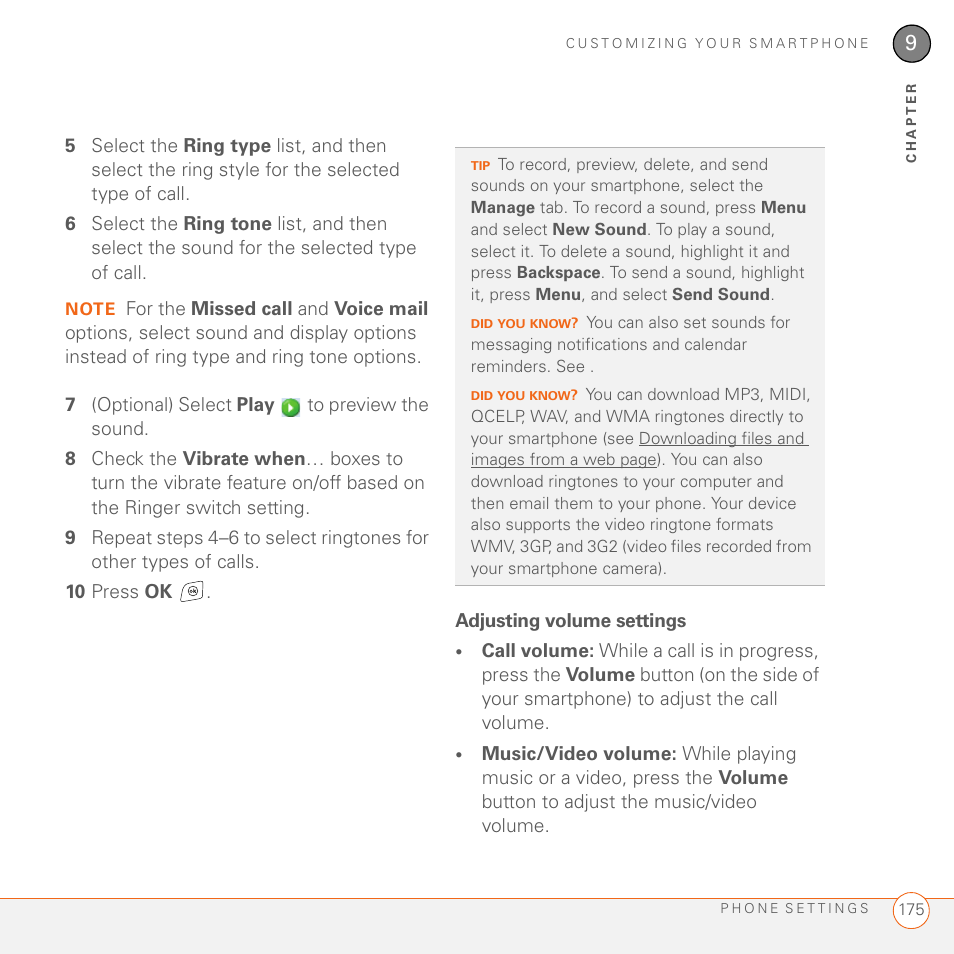 Adjusting volume settings | Palm 700wx User Manual | Page 183 / 288
